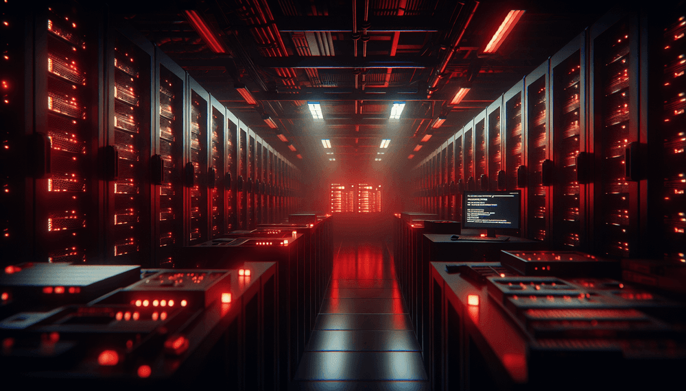 Dark server room with red emergency lighting and security alert displays