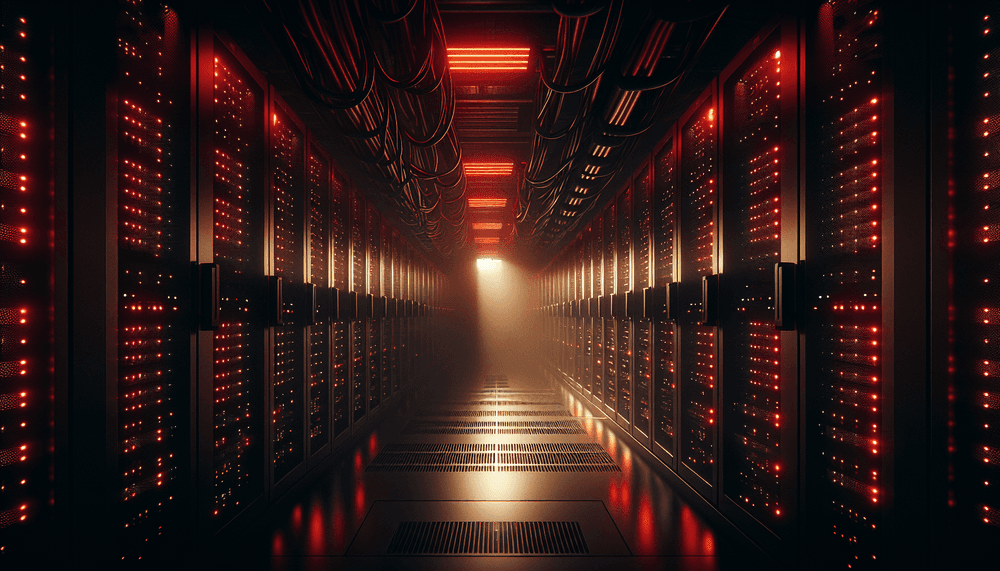 Dark server room with red warning lights and open security lock