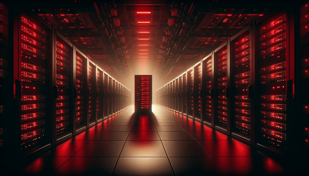 Dark server room with red warning lights illuminating compromised servers
