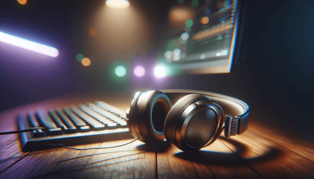 Premium headphones on wooden desk with computer monitor glowing softly in background