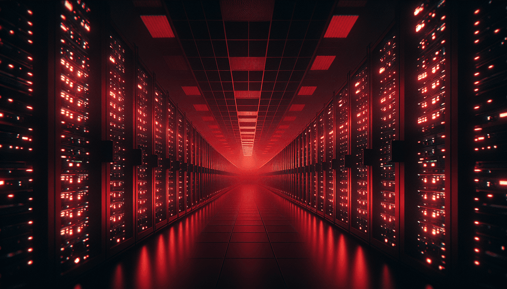 Dark server room with red emergency lighting illuminating computer infrastructure