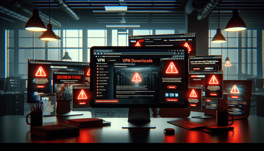 Computer screen showing fake VPN download sites used by Storm-2561 attackers
