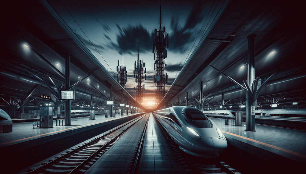 Modern high-speed rail station with communication towers and trains at dusk