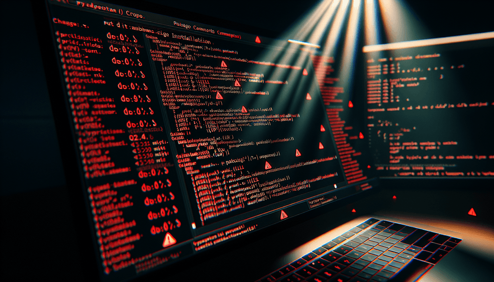 Python code editor showing package installation with security warning overlays