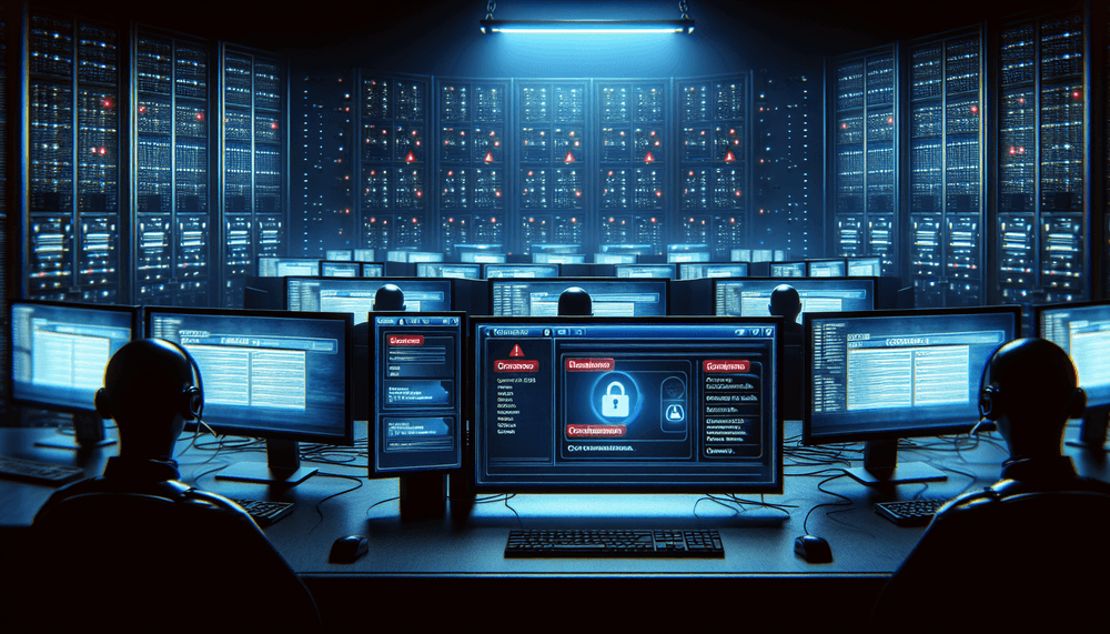 Multiple computer screens showing Salesforce security warnings in dark operations center