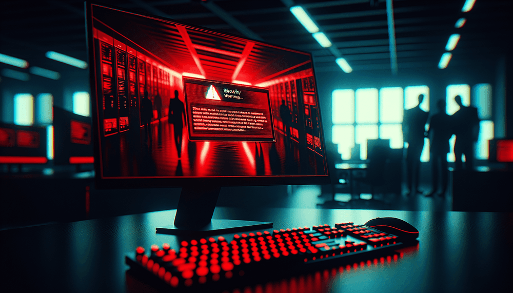 Computer screen showing Windows security warnings in dark office setting