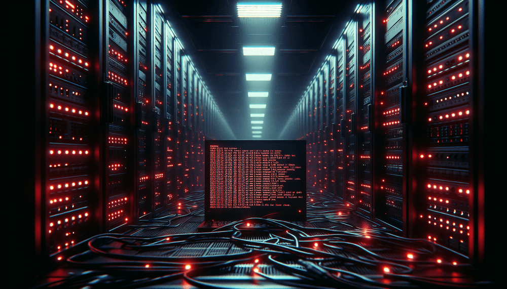 Dark server room with red emergency lighting and glowing terminal screen showing command-line interface