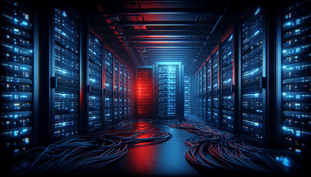 Dark server room with blue glowing servers and one rack highlighted in red emergency lighting