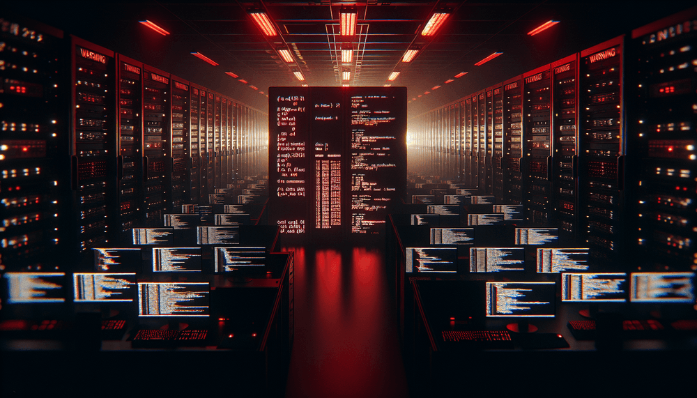 Dark server room with glowing computer screens displaying code and warning alerts