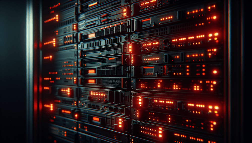 Network equipment rack with red warning lights illuminating enterprise networking devices in dark server room