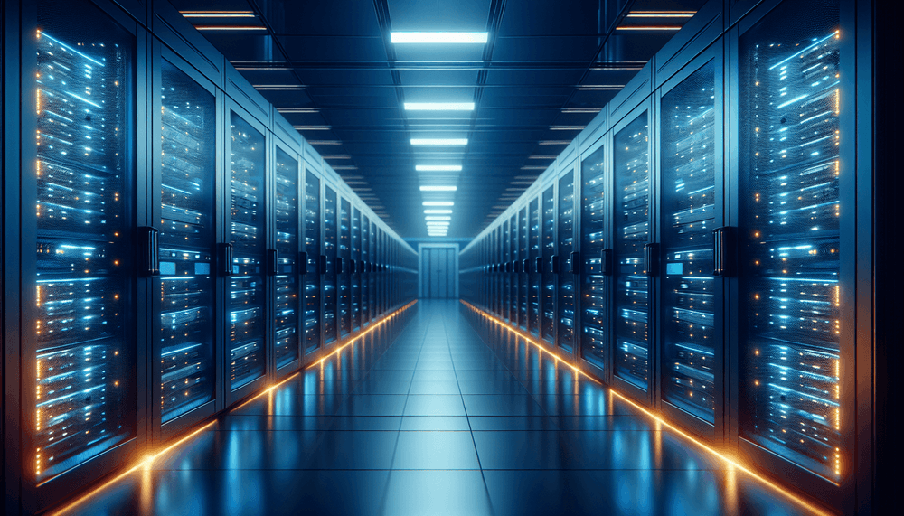 Modern data center servers with blue lighting and clean geometric design