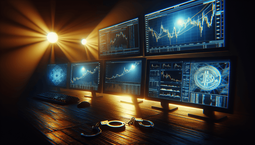Multiple computer screens showing cryptocurrency trading interfaces in dark investigation room