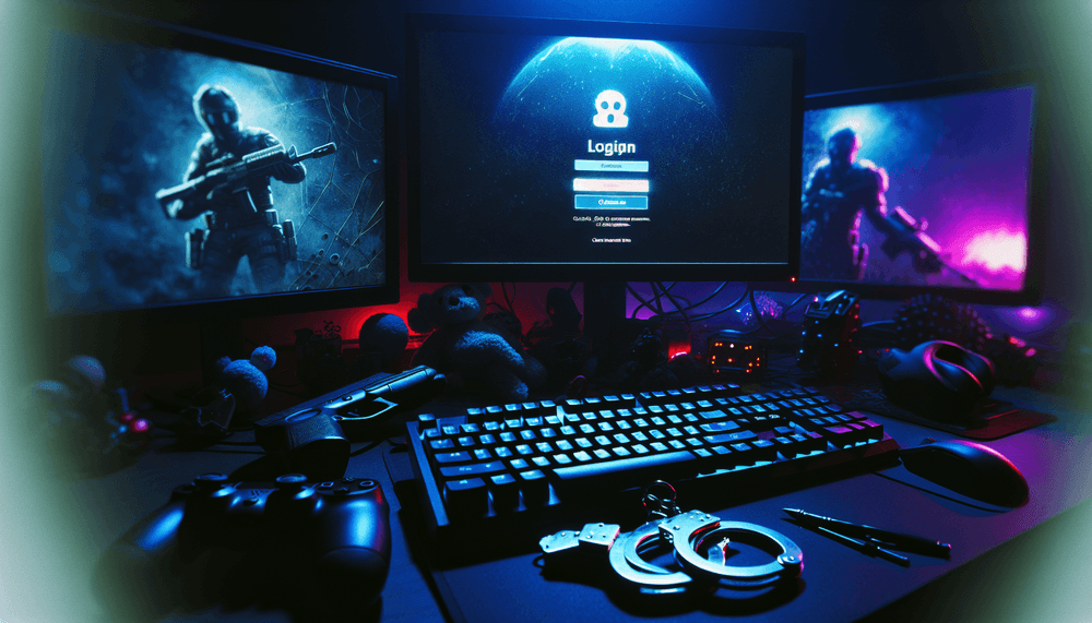 Dark computer setup with gaming monitors and handcuffs on keyboard