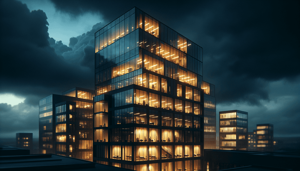 Modern corporate office building at dusk with storm clouds overhead