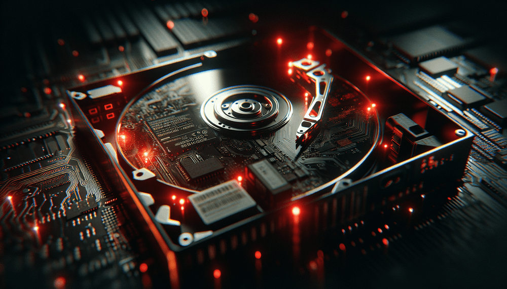 Computer hard drive with red warning lights in dark server room environment