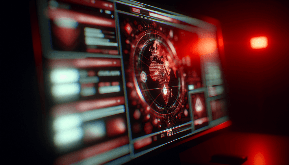 Dark computer screen showing cybercriminal marketplace interface with red warning lighting