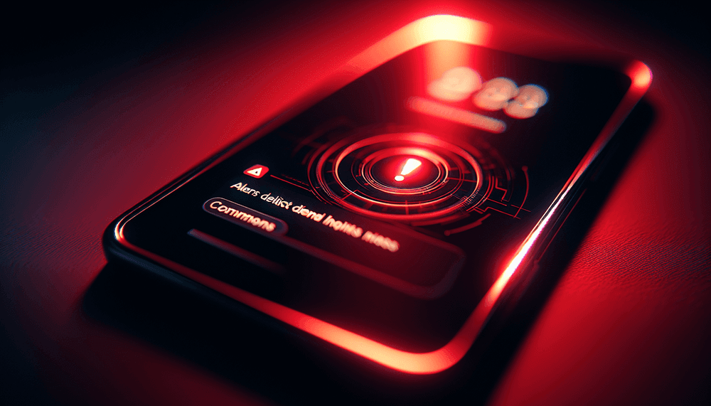 iPhone displaying security warning notification with dramatic red lighting and shadows