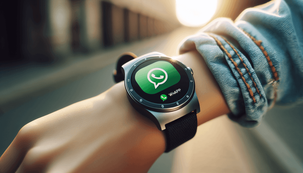 Garmin smartwatch displaying WhatsApp messaging interface on user's wrist outdoors