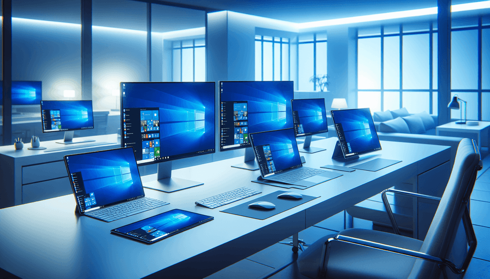 Multiple Windows devices showing synchronized content in modern office environment