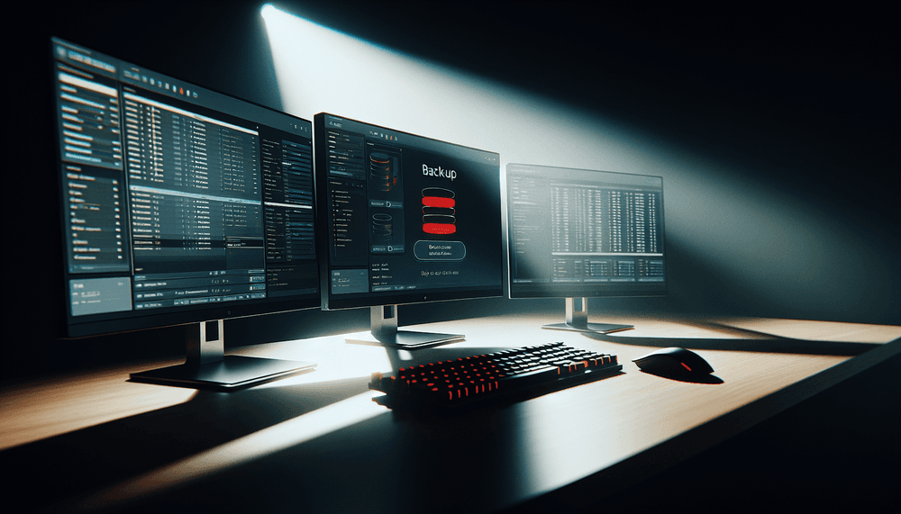 Office computer setup showing Windows 11 backup software error messages on monitor