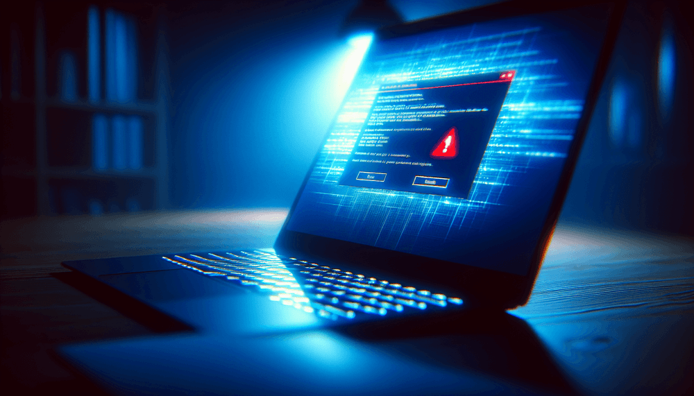 Samsung laptop displaying Windows 11 error message on screen with keyboard in foreground
