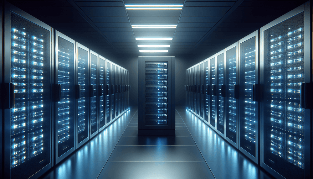 Modern server room with blue LED lighting and organized server racks