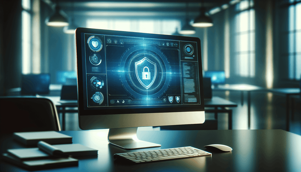 Desktop computer showing Windows 11 security interface with glowing shield icons