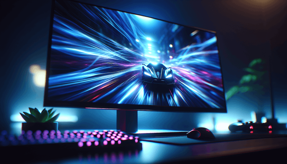 High-refresh gaming monitor with smooth motion effects and dramatic lighting