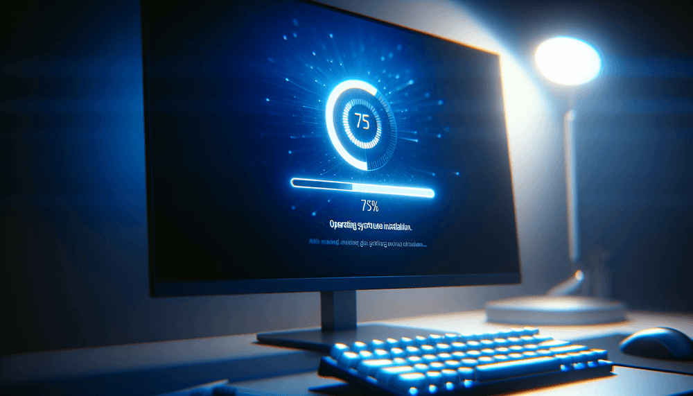 Windows 11 update installation screen showing progress bar on modern computer monitor