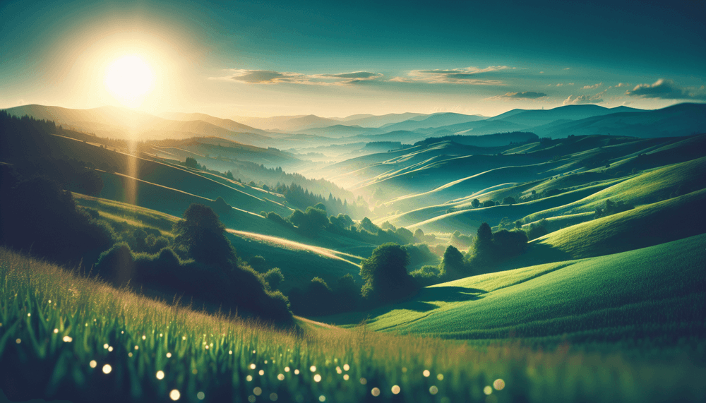 Rolling green hills landscape with soft lighting effects and translucent overlays