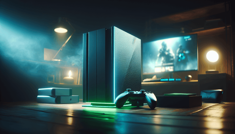 Xbox Series X console with controller in atmospheric gaming setup