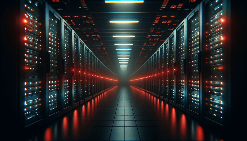 Dark server room with red warning lights illuminating network equipment racks