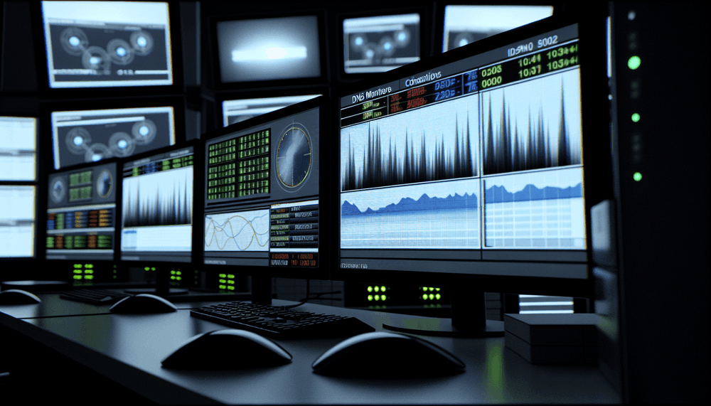 Windows network monitoring dashboard showing DNS query performance and timeout statistics