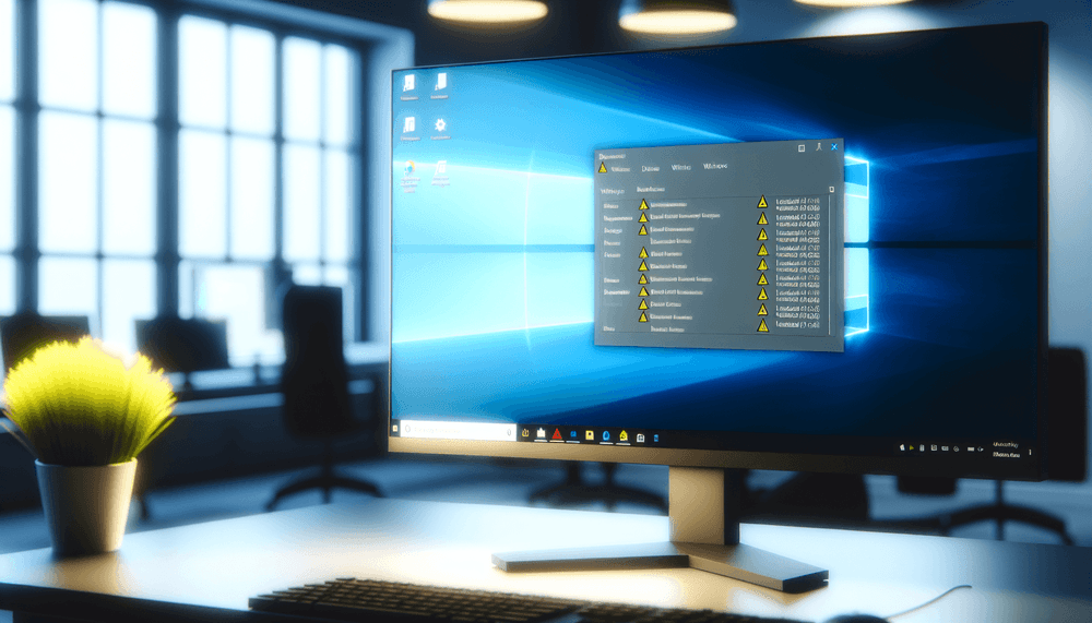 Windows Device Manager showing hardware devices with driver warning indicators on a professional workstation monitor