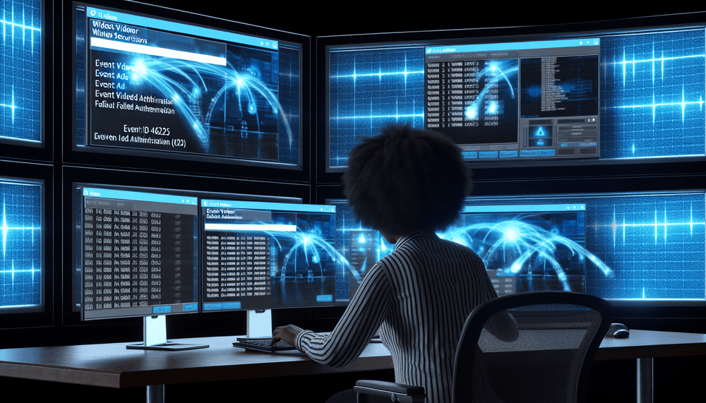 Security analyst monitoring Windows Event ID 4625 failed logon events in a cybersecurity operations center