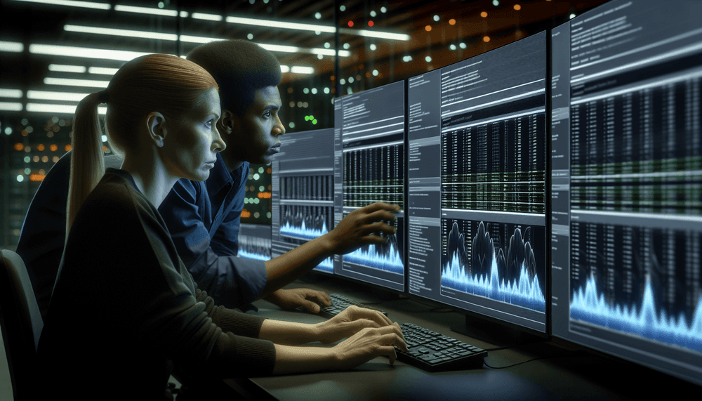 Windows Performance Monitor displaying memory usage analysis and system event logs on professional monitoring setup