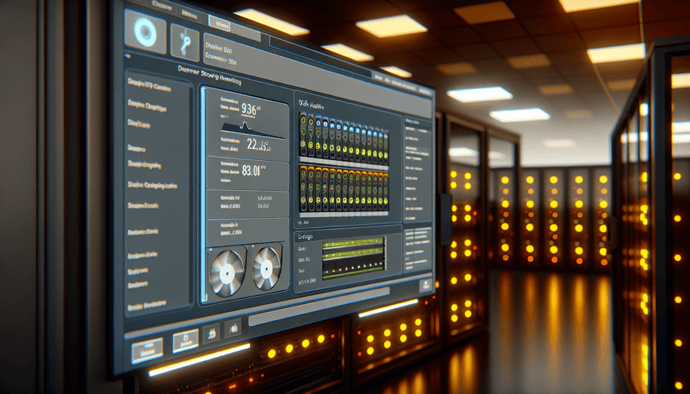Windows server storage monitoring dashboard displaying disk health and RAID status in a professional data center environment