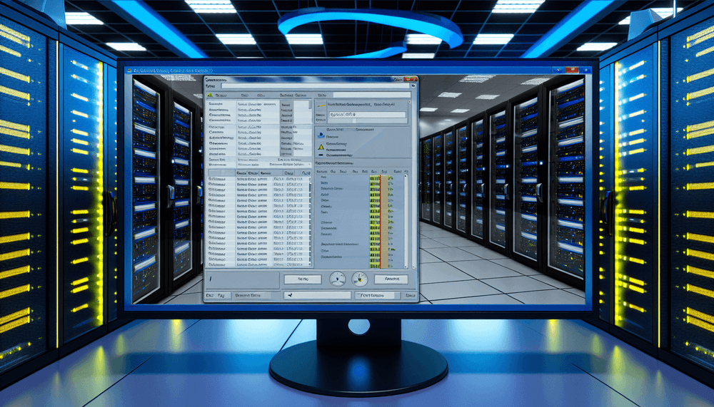 Windows Services management console and Event Viewer displaying service monitoring information on server room monitors