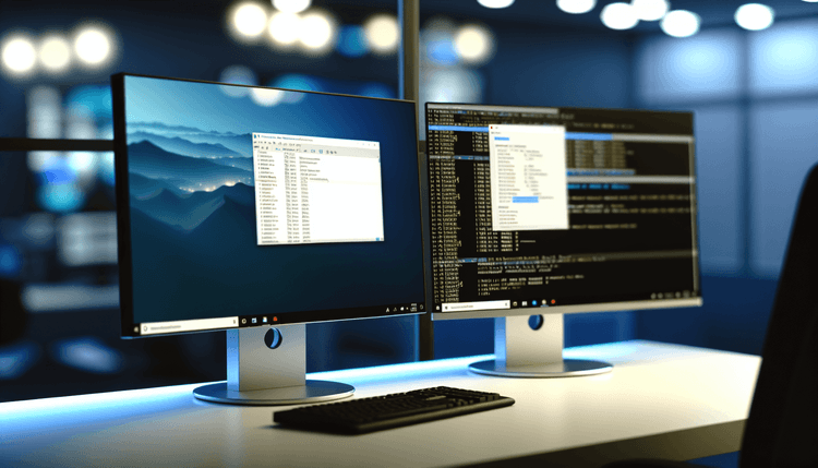 IT administrator configuring SMB network folder settings on dual monitors