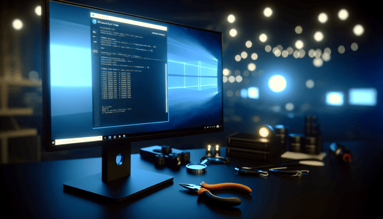 Professional IT workspace showing Windows Event Viewer diagnostic screen