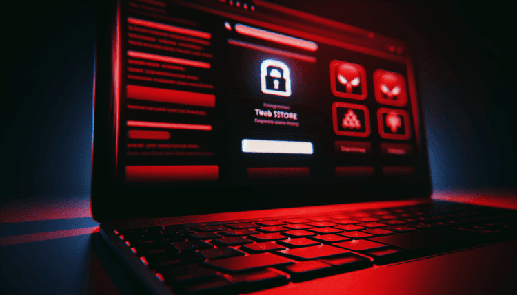 Computer screen showing Chrome Web Store with warning lighting and keyboard in shadows