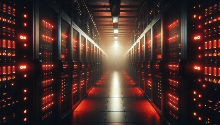 Dark server room with red warning lights illuminating server racks