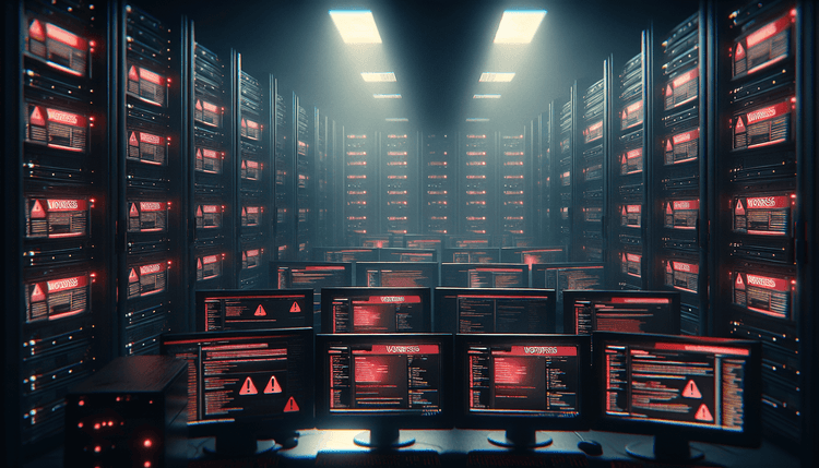 Multiple computer screens showing WordPress security alerts in dark server room