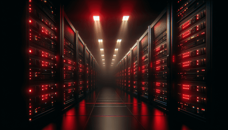 Dark server room with red warning lights illuminating network equipment racks
