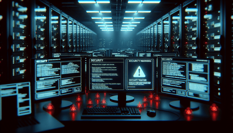 Computer monitors showing security update screens in dark server room