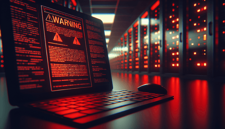 Computer screen showing PDF document with security warning overlays and dramatic lighting