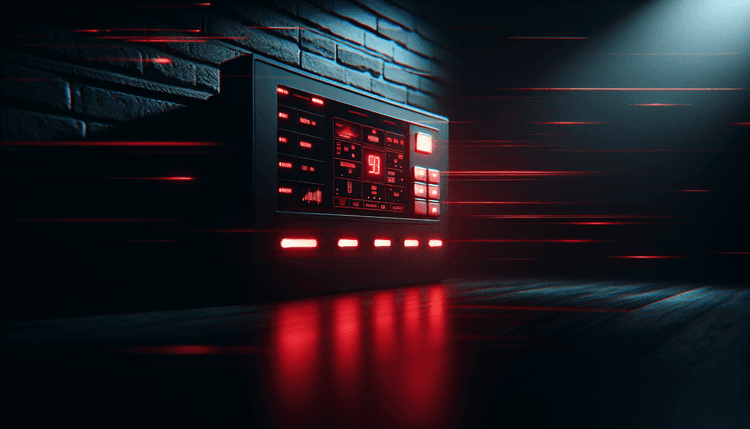 Home security control panel with red warning lights in dramatic lighting