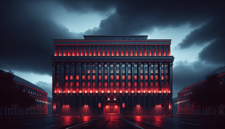 Government building with dramatic red lighting suggesting cybersecurity threat