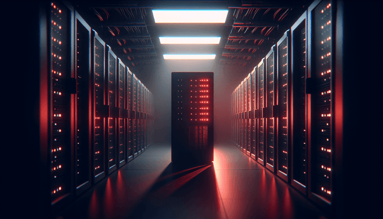 Dark server room with emergency lighting and warning indicators on network equipment