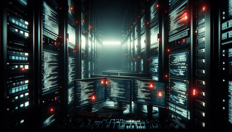 Computer screens displaying code with red warning alerts in dark server room